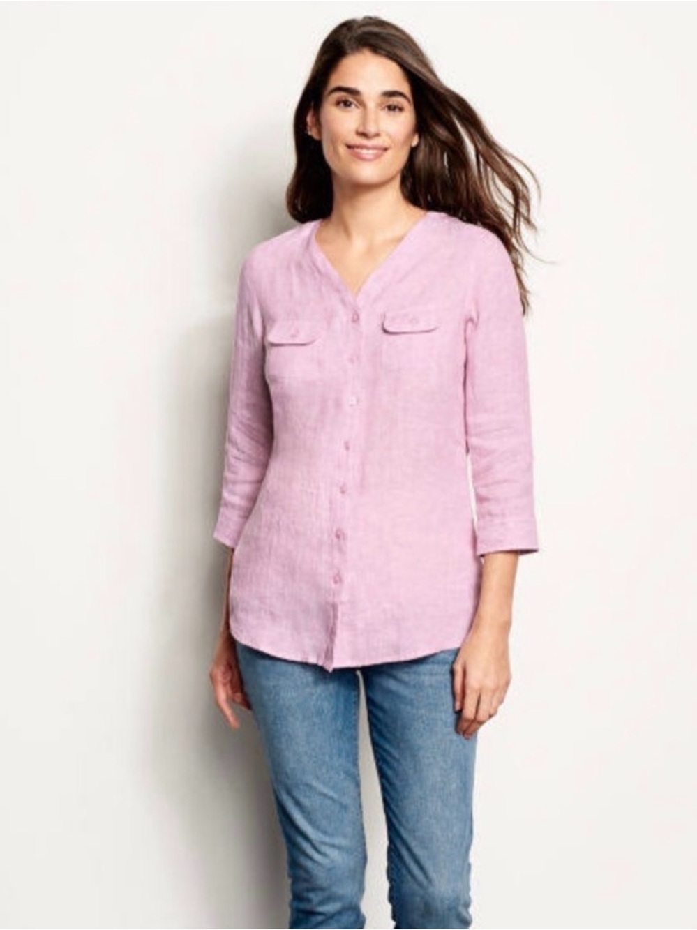 Orvis Women's Pink Line 3/4 sleeve Button-Front Linen Tunic Top